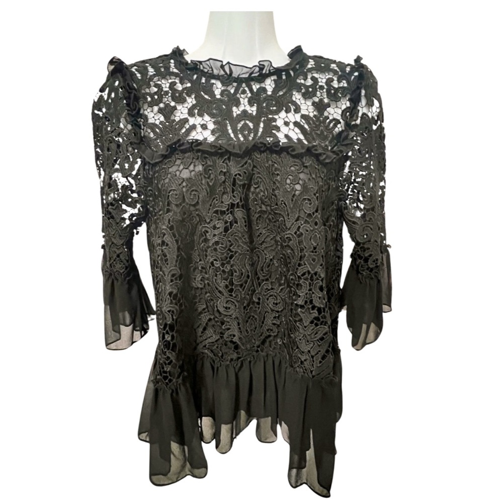 Kate Spade- Vintage- blk lace w/shear ruffles on sleeves and trim- size S